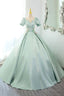 Green Satin Lace Long Prom Dress, Beautiful A Line Short Sleeve Prom Prom Dress