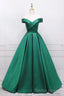 Green Satin Long A Line Prom Dress, V Neck Off the Shoulder Prom Dress