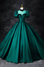 Green Satin Long Prom Dresses Elegant A-Line Short Sleeve Prom Dresses