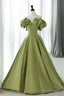 Green Satin Long Prom Dress, Green A Line Prom Dress
