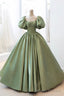 Green Satin Puff Sleeves Long Prom Dress, Green A Line Formal Dress