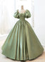 Green Satin Puffy Sleeves Long Formal Dress, Green Satin Prom Dress