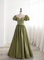 Green Satin Round Neckline A-Line Floor Length Prom Dresses Green Short Sleeves Prom Dresses