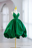 Green Satin Short A Line Prom Dress, Green V Neck Prom Dress