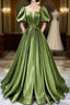 Green Satin Short Sleeves Long Prom Dress Green Prom Dress