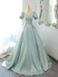 Green Satin Short Sleeves Long Formal Dress, Green Satin Prom Dress