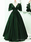 Green Satin Short Sleeves Long Prom Dress, Green Floor Length Prom Dress