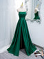 Green Satin Simple Long Prom Dress with Leg Slit, Green A-ine Junior Prom Dress