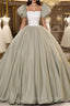 Green Short Sleeves Ball Gown Satin Long Prom Dresses Green Long Prom Dresses