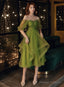 Green Short Sleeves Tulle Tea Length Wedding Prom Dresses Green Prom Dresses