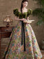 Green Short Sleeves Velvet Floral Long Prom Dress, Green A Line Prom Dress