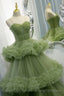 Green Spaghetti Straps Tulle Layers Long Formal Dress, Green Evening Party Dress