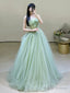 Green Strapless Tulle Floor Length Prom Dress, Beautiful Green Evening Dress