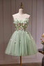 Green Strapless Tulle Short Prom Dress with Lace, Green Prom Dress