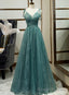 Green Straps V Neckline Floor Length Prom Dress, Simple Junior Prom Dresses
