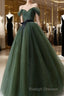 Green Tulle A-Line Off Shoulder Prom Dress, Green Tull Long Formal Dress Evening Dress