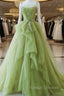 Green Tulle Beaded Long Party Dress, Green Tulle Evening Dress Formal Gown