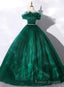 Green Tulle Beaded Waist Ball Gowns Sweet 16 Dress, Off Shoulder Green Prom Dress