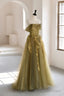 Green Tulle Lace Long Prom Dress, A Line Off the Shoulder Prom Dress