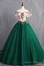 Green Tulle Lace Long Prom Dress, Cute Off Shoulder Prom Dress