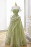 Green Tulle Lace Long Prom Dress with Corset, Green Formal Prom Dress