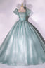 Green Tulle Long A Line Prom Dress, Cute Short Sleeve Prom Prom Dress