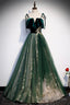 Green Tulle Long A Line Prom Dress, Green Spaghetti Straps Graduation Dress