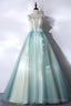 Green Tulle Long A Line Prom Dress, Green Spaghetti Straps Graduation Dress