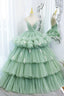 Green Tulle Long A Line Prom Dress, Green V Neck Formal Prom Gowns