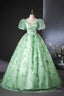 Green Tulle Long A-Line Prom Dresses With Butterfly Lace Beautiful Short Sleeve Prom Dresses