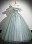 Green Tulle Long Prom Dress With Lace Applique, A-Line Off Shoulder Evening Dress