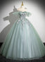 Green Tulle Prom Dresses Long With Lace Applique A-Line Off Shoulder Prom Dresses