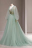 Green Tulle Long Prom Dress with Sequins, Green Long Sleeve Prom Prom Dress