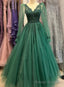 Green Tulle Long Sleeves A Line Prom Dress with Lace,Princess Formal Dresses