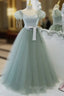 Green Tulle Off Shoulder Long Prom Dress, Green Tulle Formal Dress