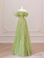 Green Tulle Off Shoulder Long Prom Dresses, Green Tulle Formal Prom Dress