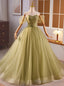 Green Tulle Off the Shoulder Pleats Flower prom Dress