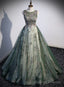 Green Tulle Round Neckline Long Prom Dress, Green Lace Prom Dress