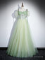 Green Tulle Short Sleeve Pleats Prom Dress