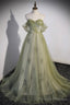 Green Tulle Sweetheart Neckline Long Prom Dress, Green Strapless Prom Dress
