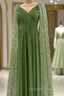 Green Tulle V-Neck Dress With Beaded Cape