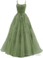 Green Tulle with Lace Applique Formal Gowns, Green Prom Prom Dress