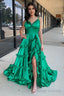 Green V-Neck Backless Ruffle A-Line Prom Gown with Slit