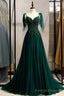 Green V Neck Lace Long Prom Dress, A Line Spaghetti Straps Prom Dress