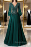 Green V-Neck Tulle Beads Long Prom Dress, Elegant Long Sleeve Evening Party Dress