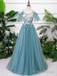 Green V Neck Tulle Lace Long Prom Dress Lace Prom Dress