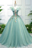 Green V Neck Tulle Long A Line Prom Dress, A Line Prom Formal Gowns