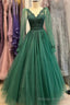 Green V-Neck Tulle Long Prom Dresses,A-Line Long Sleeve Evening Dress