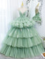 Green V Neck Tulle Long Prom Dresses, Ball Gowns Green Sweet 16 Dresses