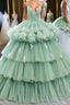 Green v neck tulle long prom gown, green tulle sweet 16 dress